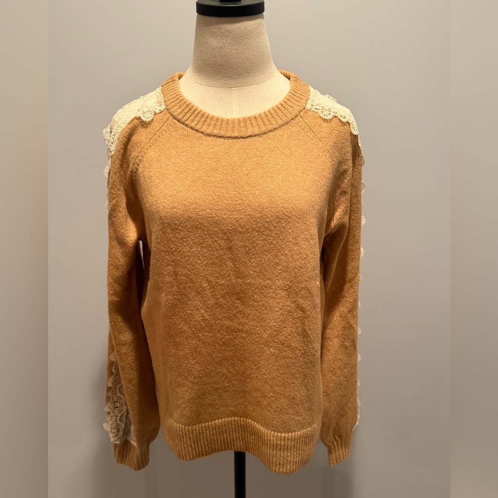 LOFT Camel Sweater with Lace Trim